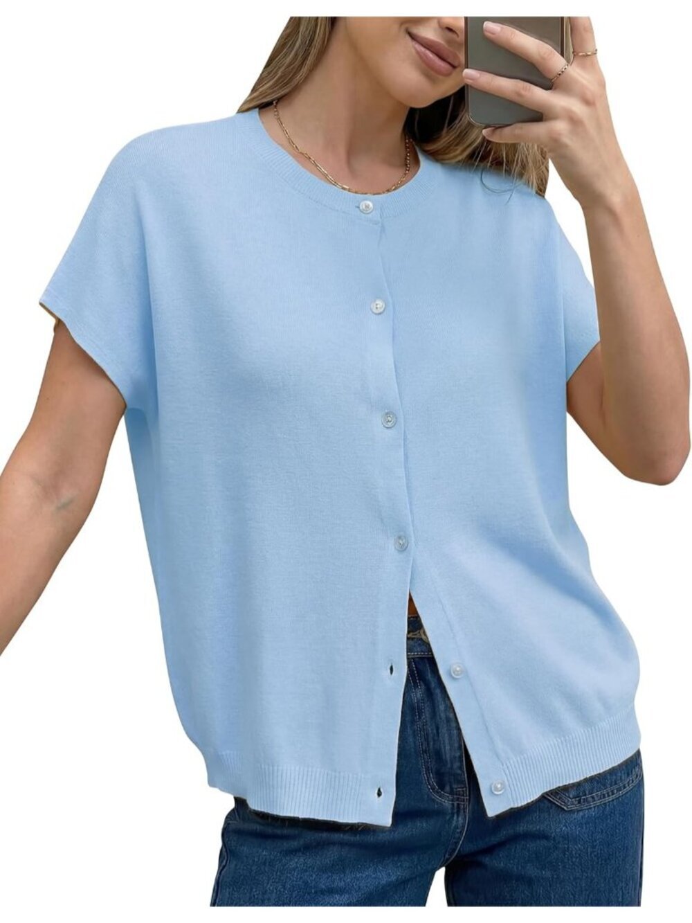 Women's Light Blue Short Sleeve Wool Blend Oversized Imported Casual Sweater Top